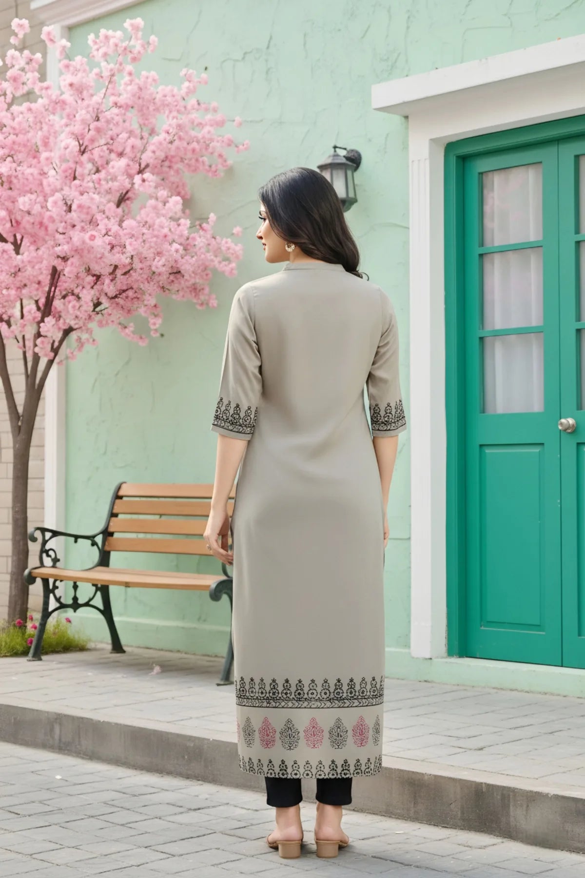 Grey Cotton Silk Block Print Long Kurta