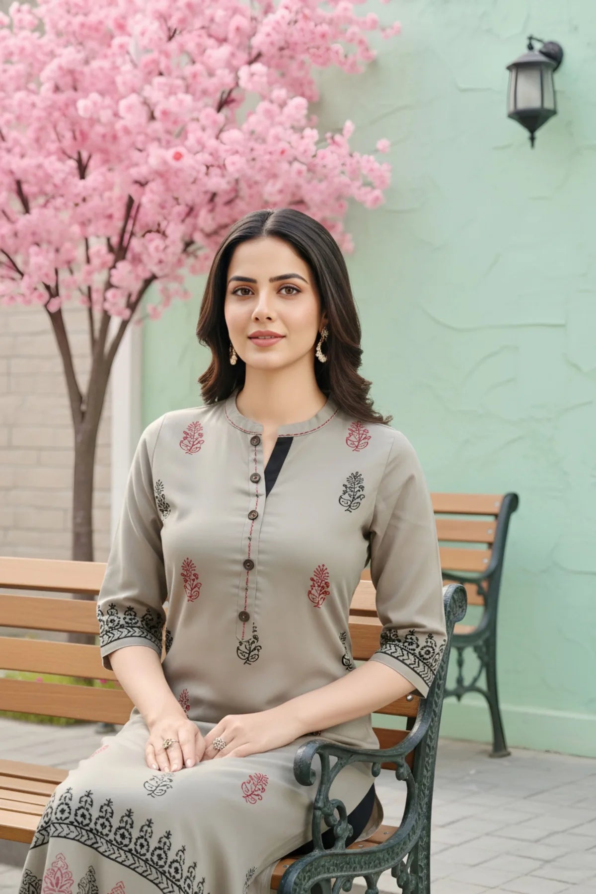 Grey Cotton Silk Block Print Long Kurta