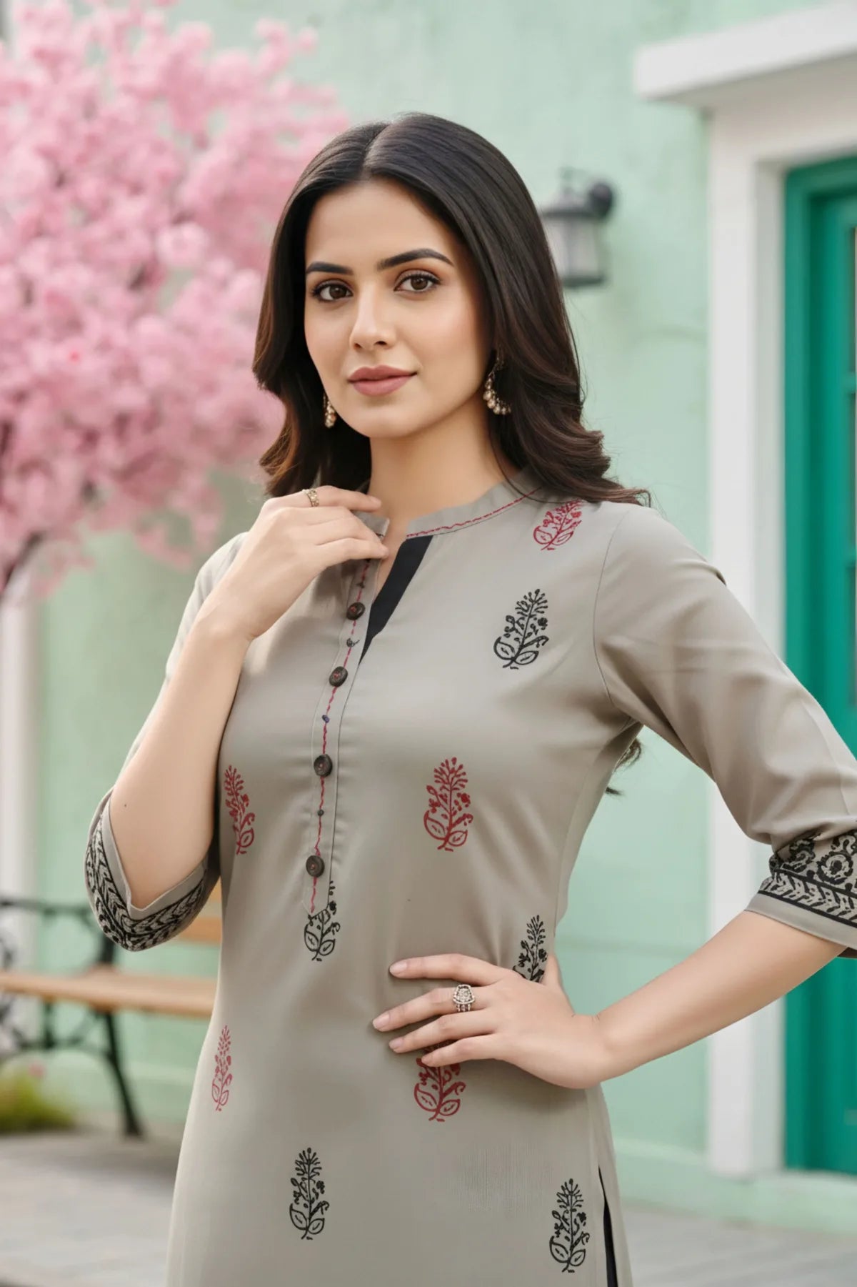 Grey Cotton Silk Block Print Long Kurta