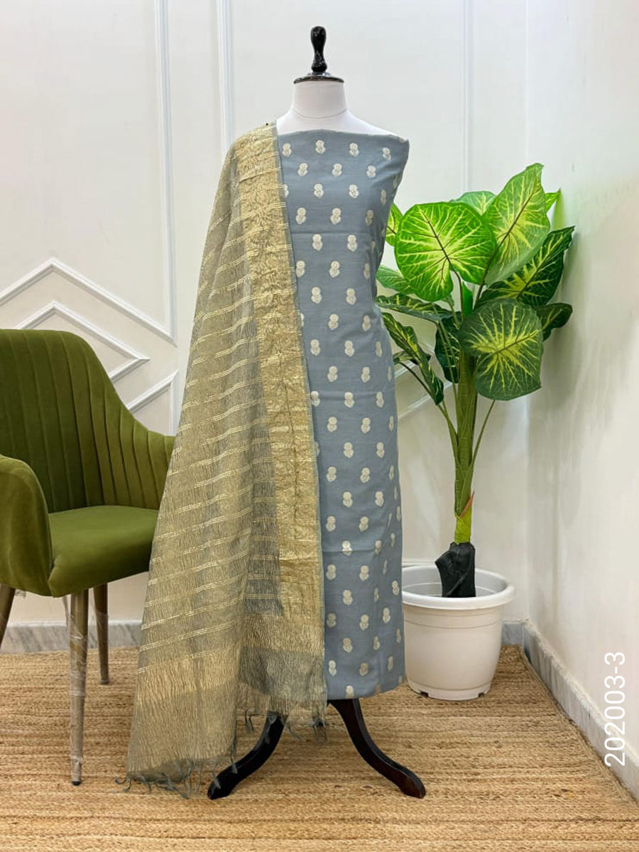 Mercerized Cotton Zari Buti Work Banarasi Suit With Tissue Dupatta