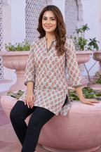 Bluish Grey Rayon Jaipuri Print Short Kurti with Ban Collar