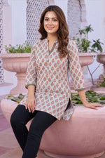 Bluish Grey Rayon Jaipuri Print Short Kurti with Ban Collar