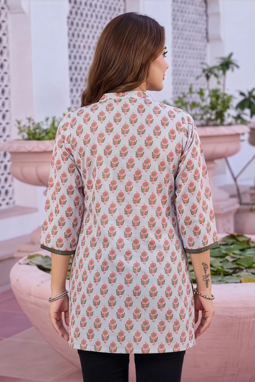 Bluish Grey Rayon Jaipuri Print Short Kurti with Ban Collar