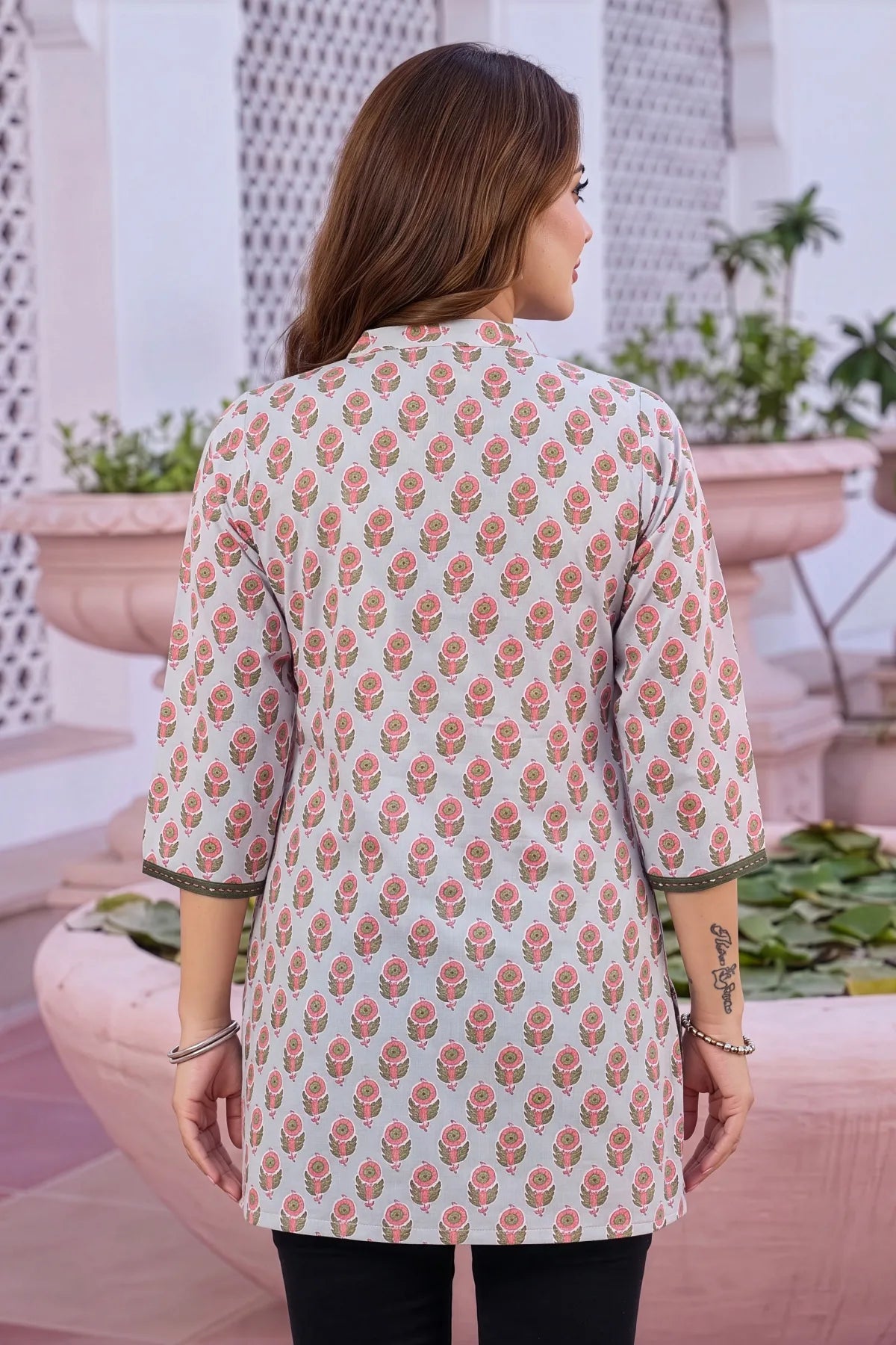 Bluish Grey Rayon Jaipuri Print Short Kurti with Ban Collar