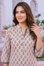 Bluish Grey Rayon Jaipuri Print Short Kurti with Ban Collar