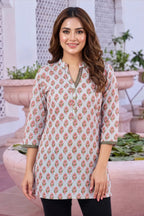 Bluish Grey Rayon Jaipuri Print Short Kurti with Ban Collar