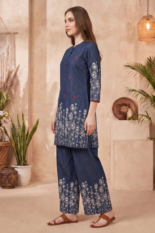Indigo Blue Denim Co Ord Set with Floral Thread Embroidery