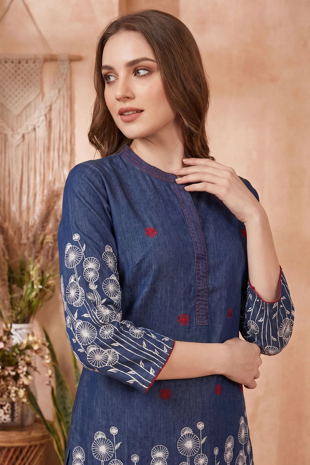 Indigo Blue Denim Co Ord Set with Floral Thread Embroidery