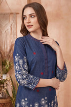 Indigo Blue Denim Co Ord Set with Floral Thread Embroidery