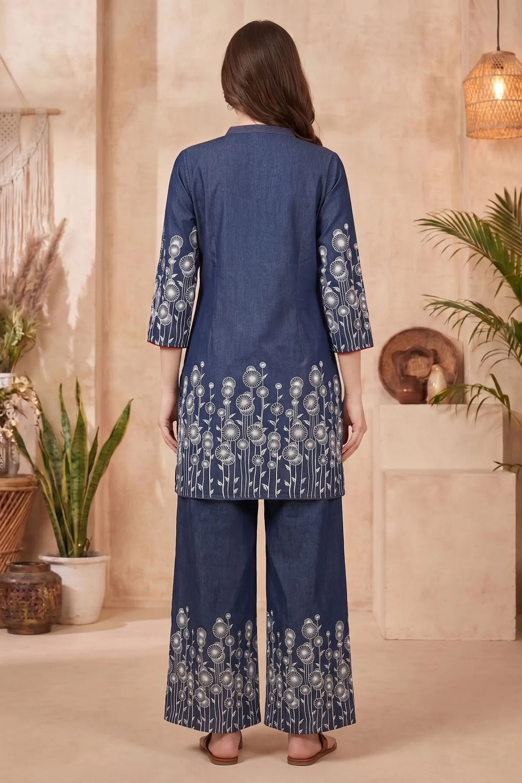 Indigo Blue Denim Co Ord Set with Floral Thread Embroidery