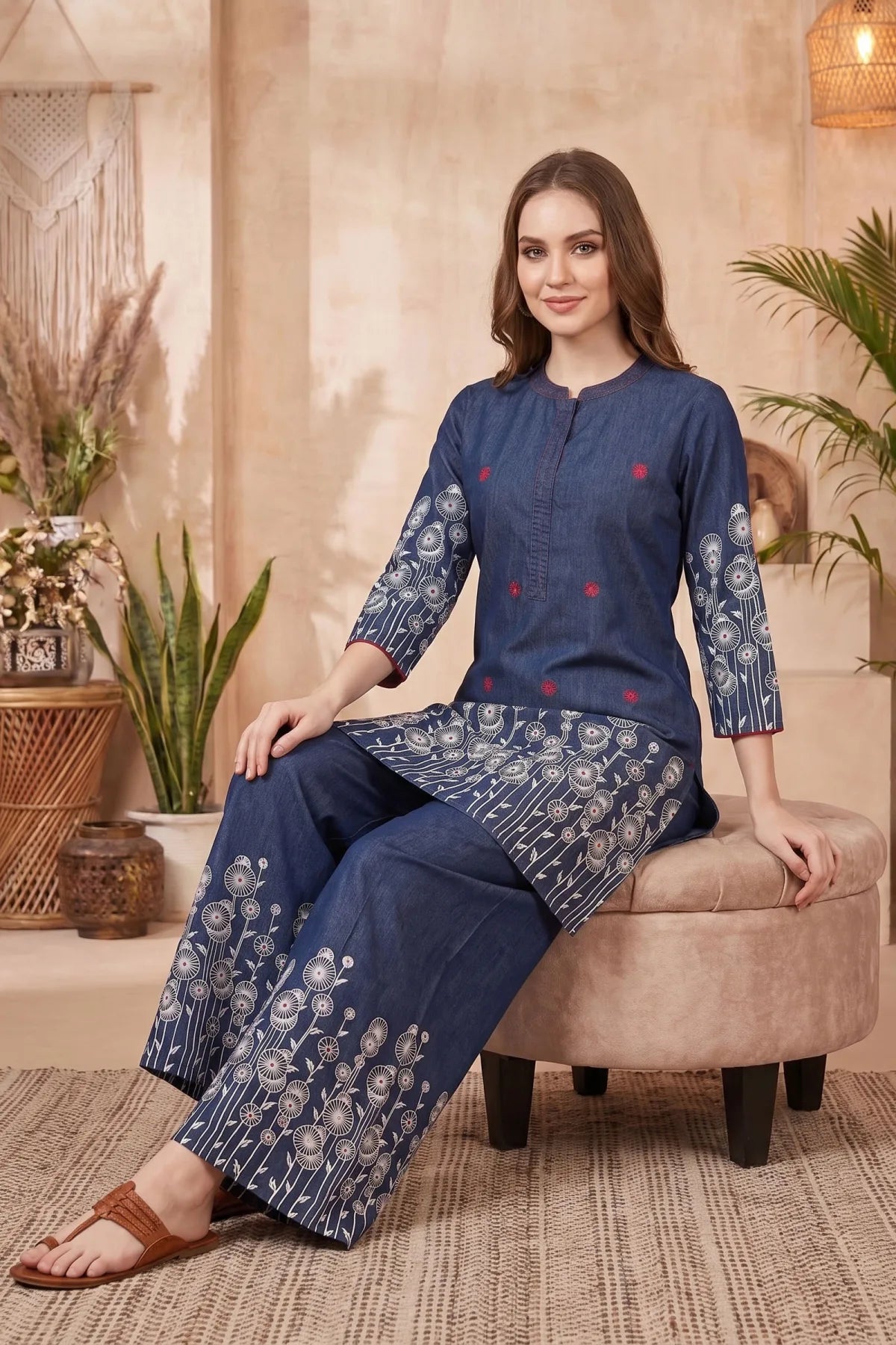 Indigo Blue Denim Co Ord Set with Floral Thread Embroidery