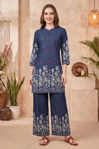Indigo Blue Denim Co Ord Set with Floral Thread Embroidery