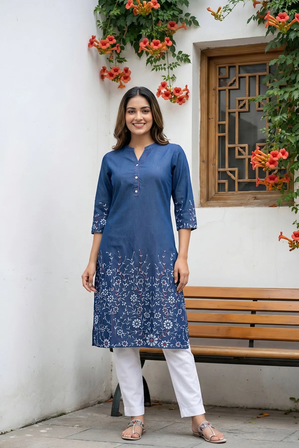 Indigo Ban Collar Denim Kurti with Ethnic Print