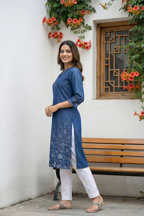 Indigo Ban Collar Denim Kurti with Ethnic Print
