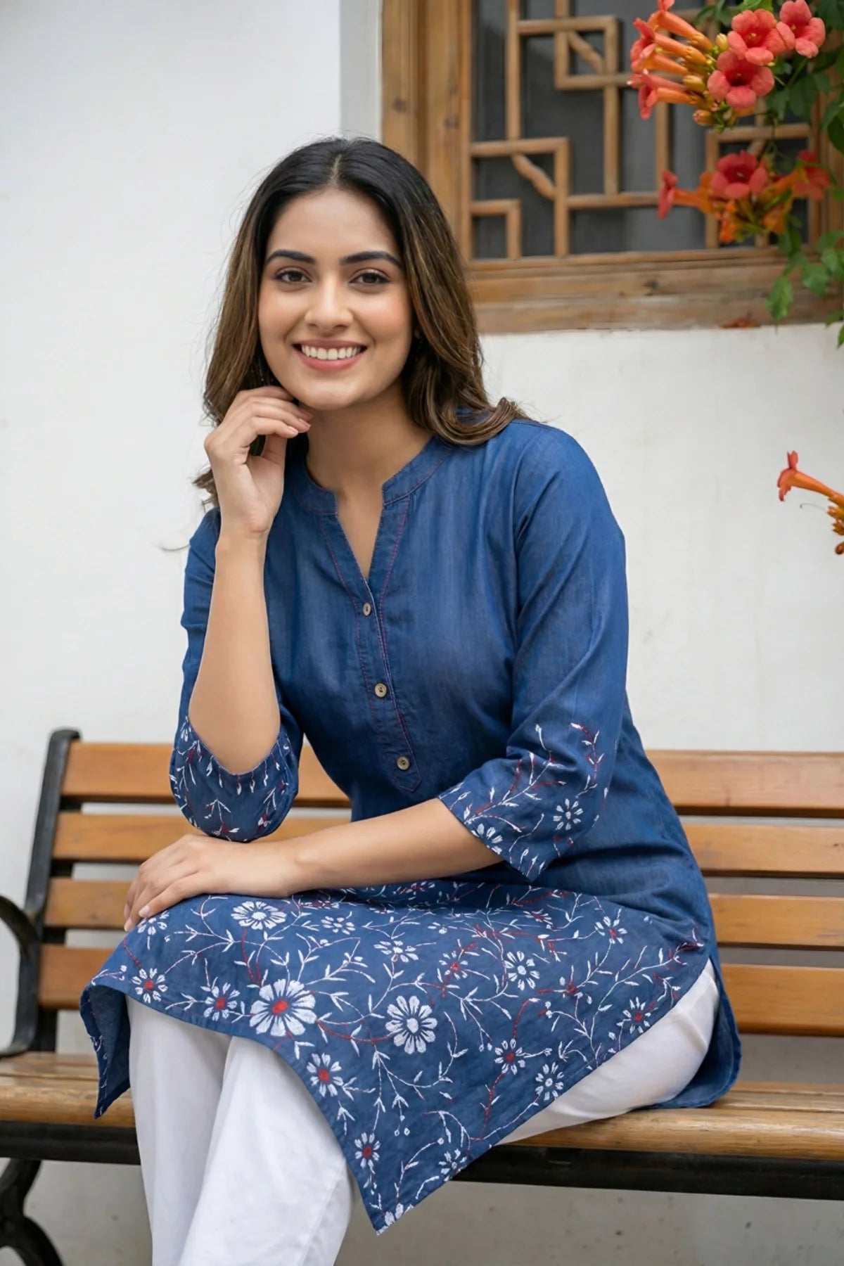Indigo Ban Collar Denim Kurti with Ethnic Print
