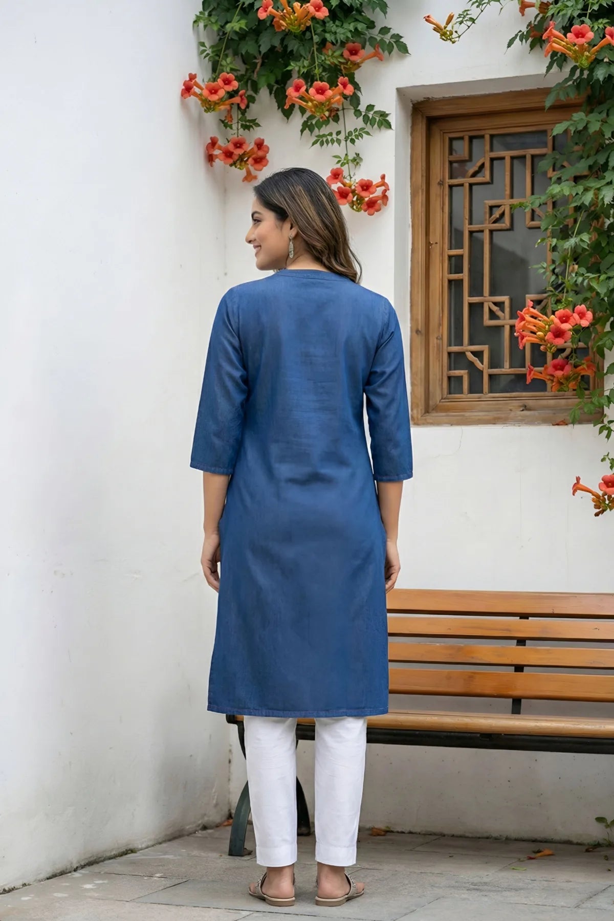 Indigo Ban Collar Denim Kurti with Ethnic Print