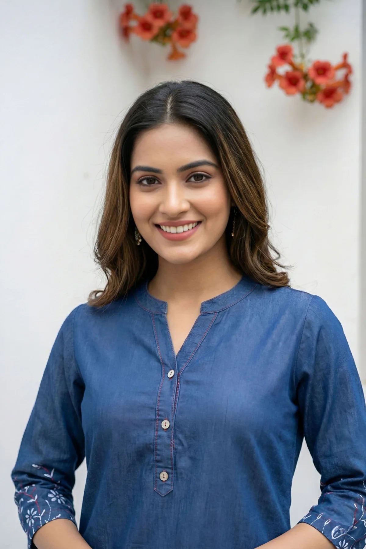 Indigo Ban Collar Denim Kurti with Ethnic Print
