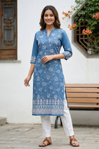 Indigo Ban Collar Denim Kurti with Ethnic Print