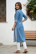Indigo Ban Collar Denim Kurti with Ethnic Print