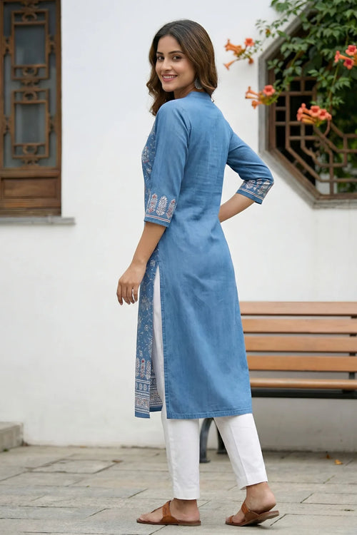 Indigo Ban Collar Denim Kurti with Ethnic Print
