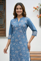 Indigo Ban Collar Denim Kurti with Ethnic Print