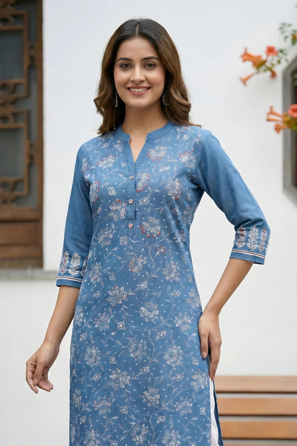 Indigo Ban Collar Denim Kurti with Ethnic Print