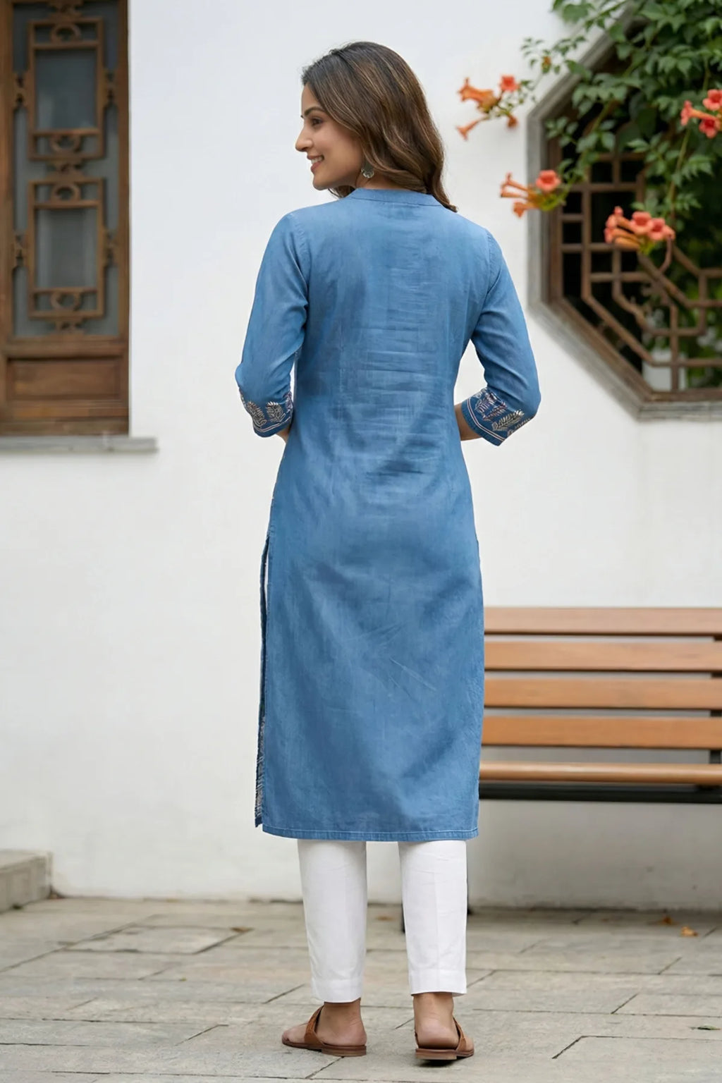 Indigo Ban Collar Denim Kurti with Ethnic Print