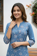 Indigo Ban Collar Denim Kurti with Ethnic Print