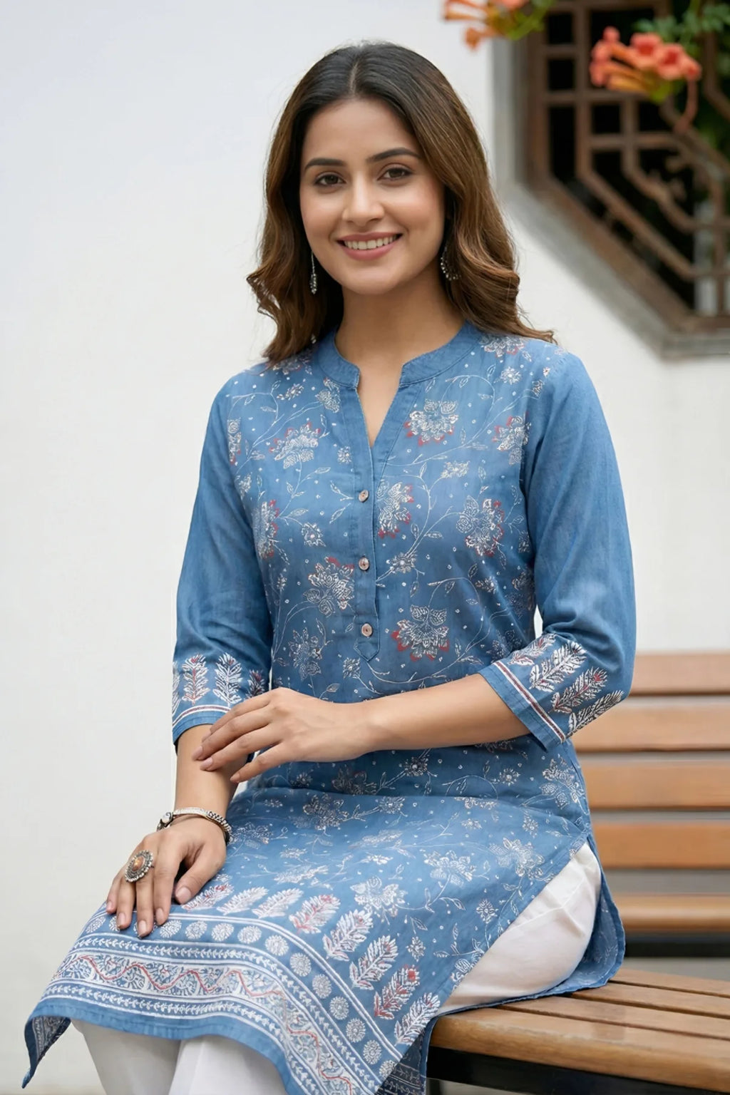 Indigo Ban Collar Denim Kurti with Ethnic Print