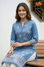 Indigo Ban Collar Denim Kurti with Ethnic Print