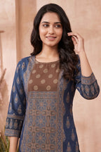 Indigo Blue Blended Cotton Azrakh Print Short Kurti