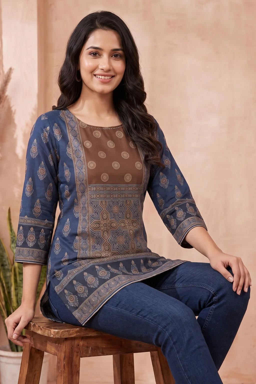Indigo Blue Blended Cotton Azrakh Print Short Kurti
