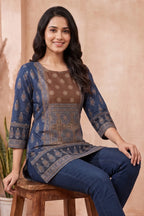 Indigo Blue Blended Cotton Azrakh Print Short Kurti