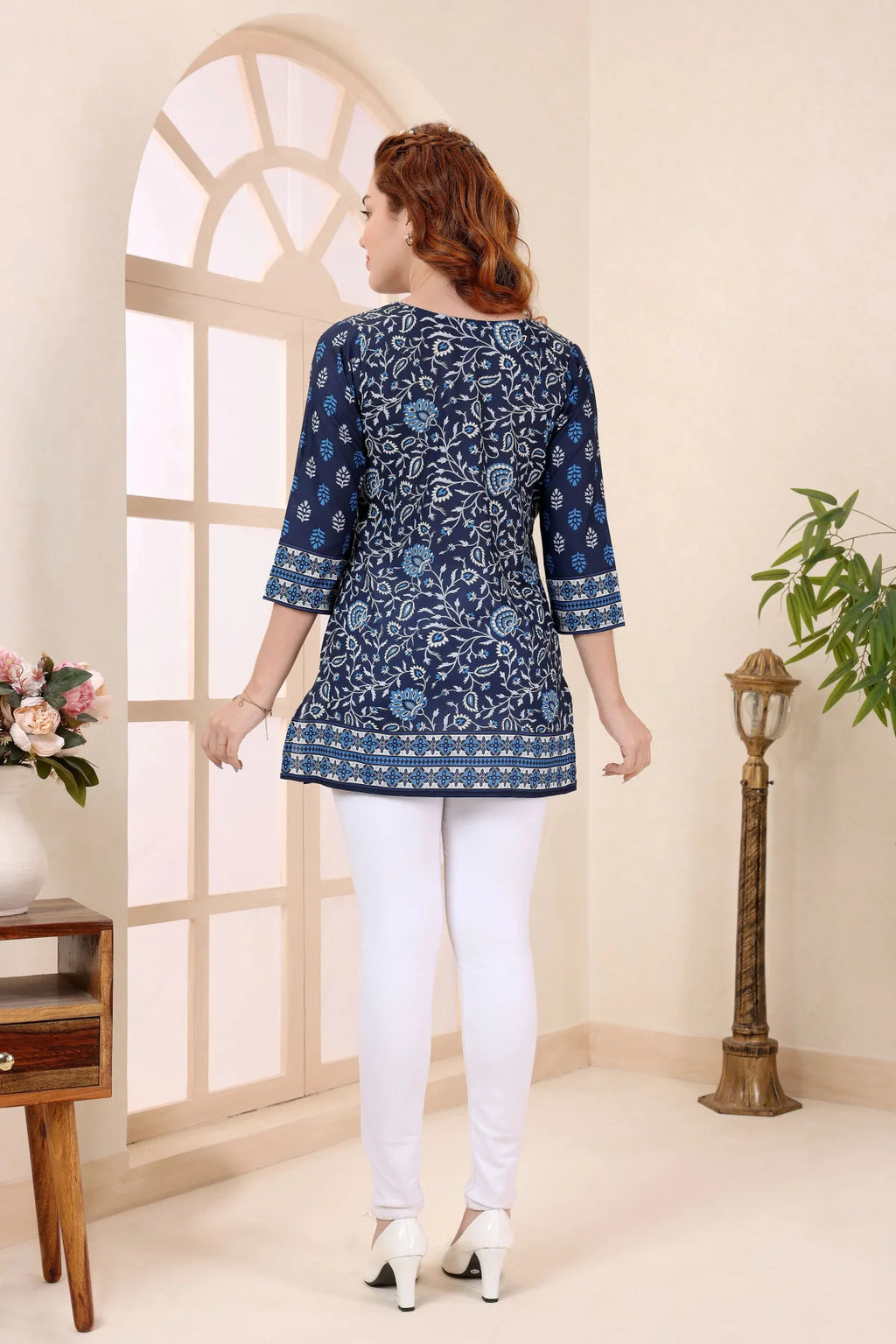 Indigo Cotton Short Kurti with Ethnic Floral Print