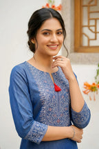 Indigo Denim Kurti with Ethnic Print and Thread Work
