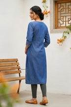Indigo Denim Kurti with Ethnic Print and Thread Work