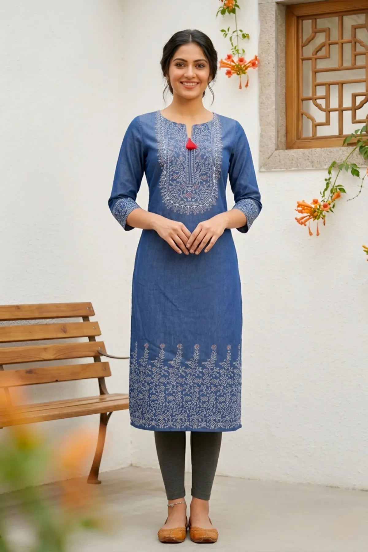 Indigo Denim Kurti with Ethnic Print and Thread Work