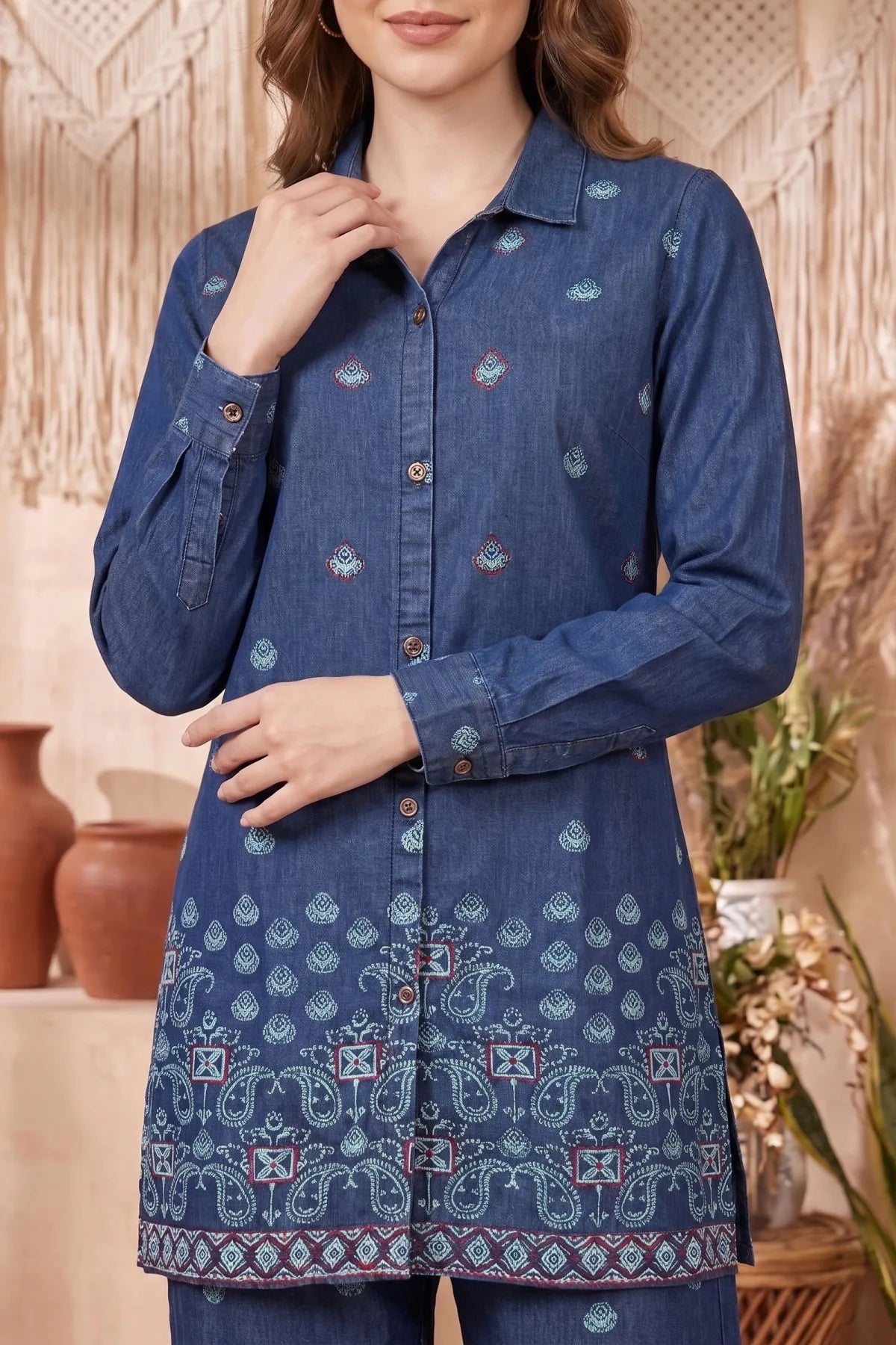 Indigo Blue Denim Co-ord Set with Thread Embroidery