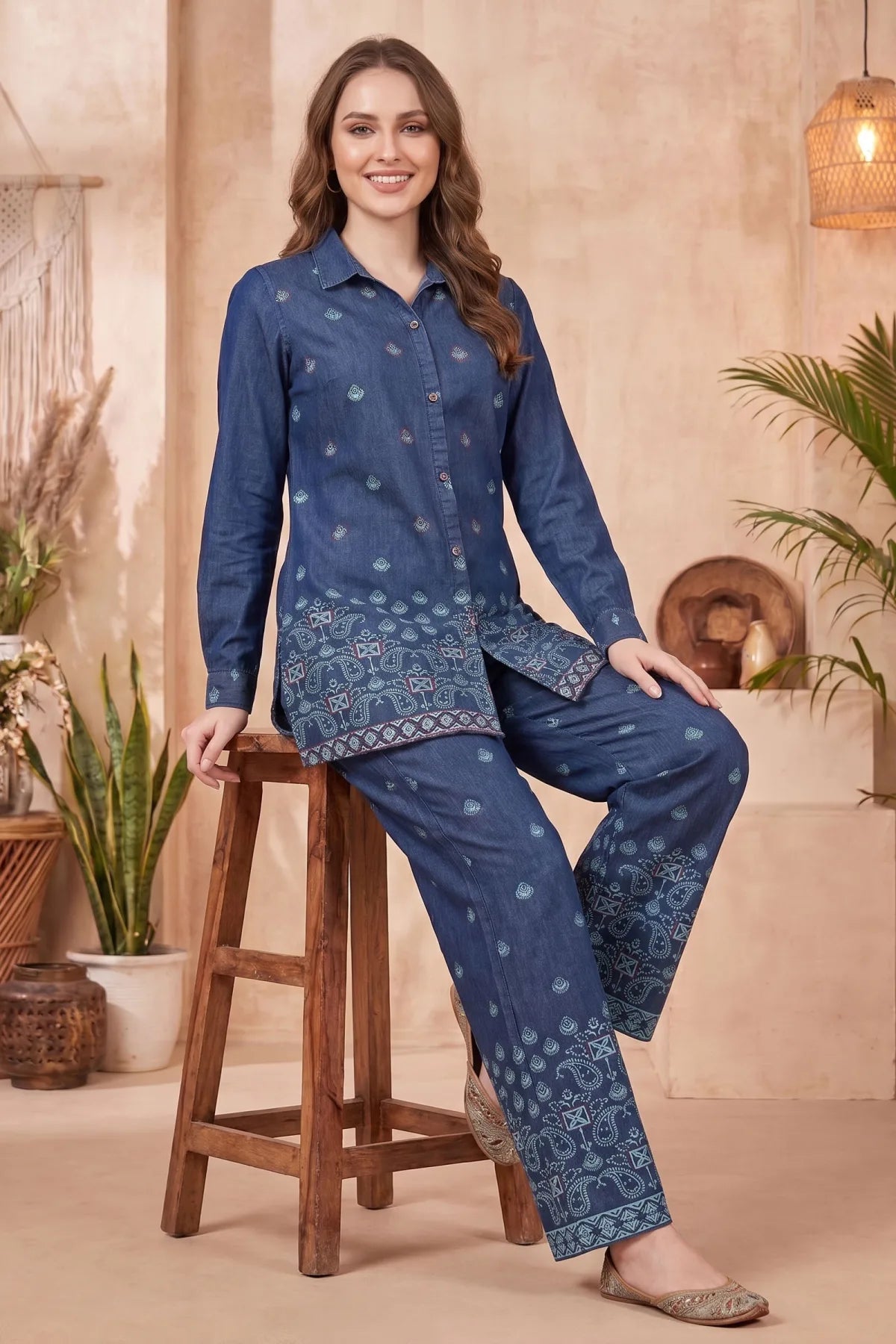Indigo Blue Denim Co-ord Set with Thread Embroidery