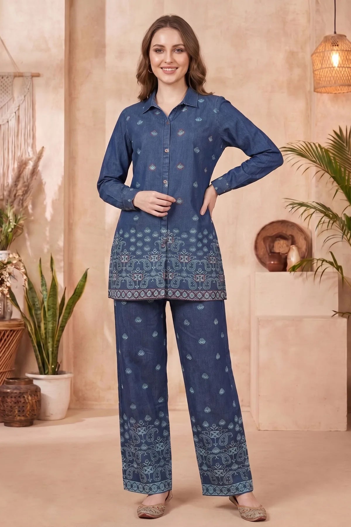 Indigo Blue Denim Co-ord Set with Thread Embroidery