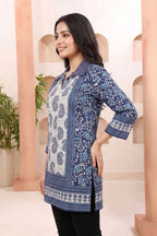 Indigo Paisley Cotton Short Kurti with Thread Work Collar
