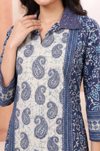 Indigo Paisley Cotton Short Kurti with Thread Work Collar