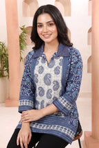 Indigo Paisley Cotton Short Kurti with Thread Work Collar