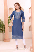 Indigo Denim Kurti with Ethnic Print and Thread Work