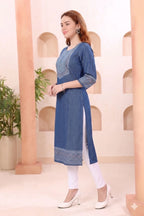 Indigo Denim Kurti with Ethnic Print and Thread Work
