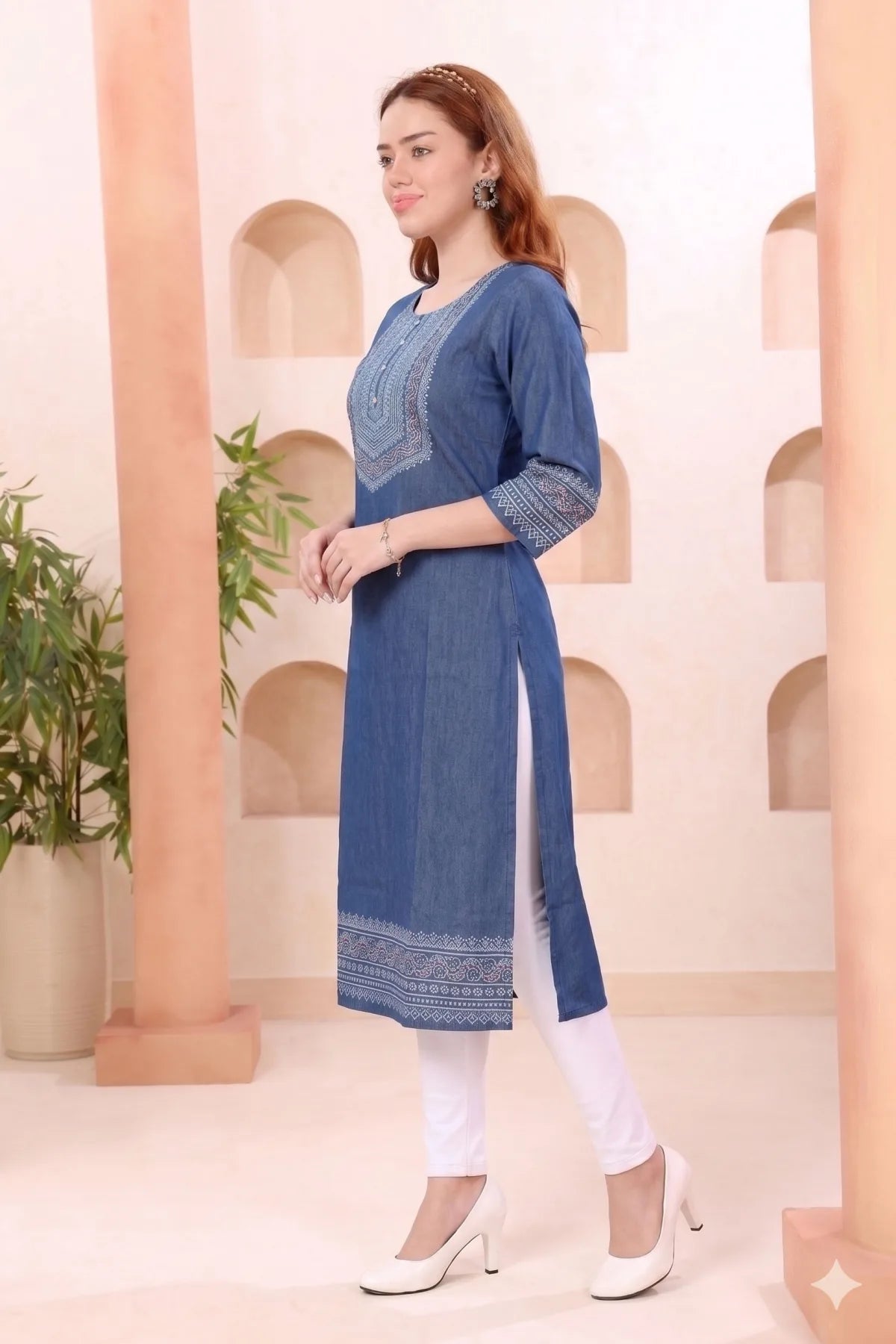 Indigo Denim Kurti with Ethnic Print and Thread Work