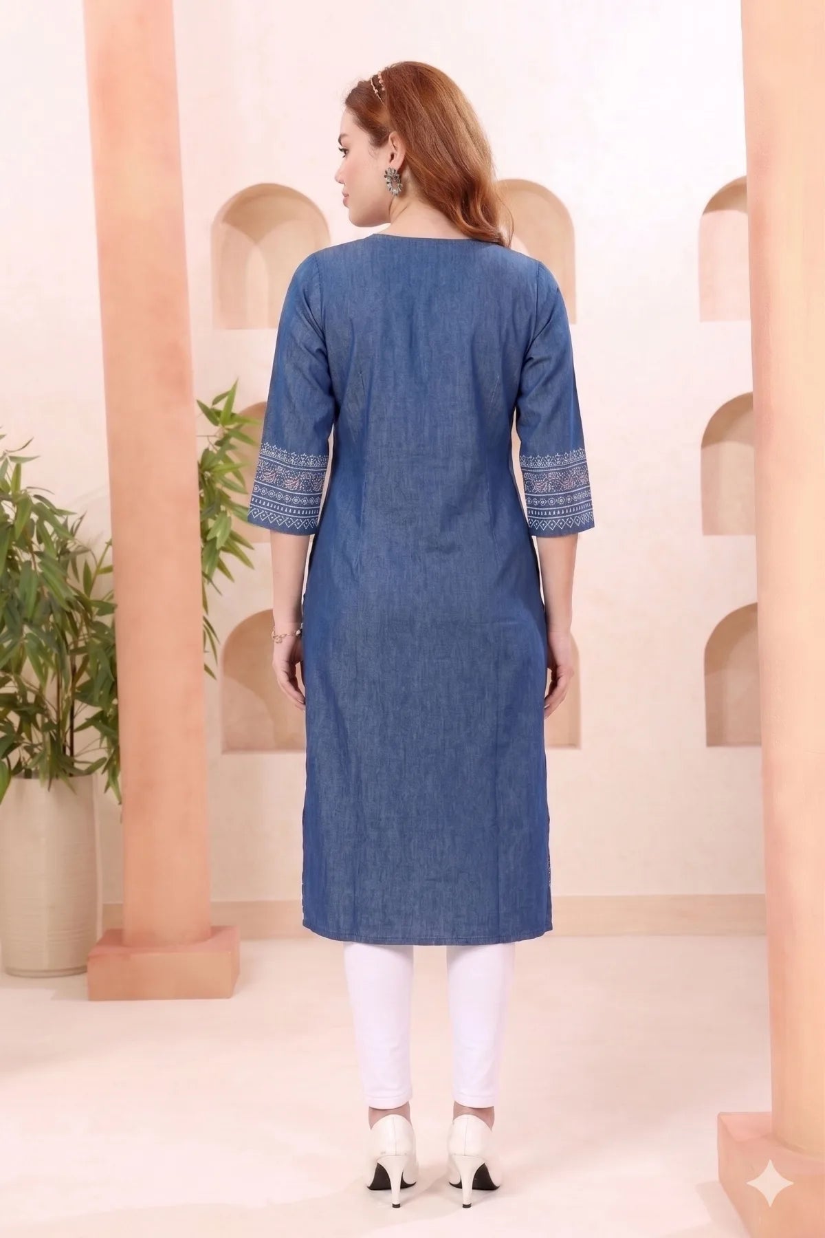 Indigo Denim Kurti with Ethnic Print and Thread Work