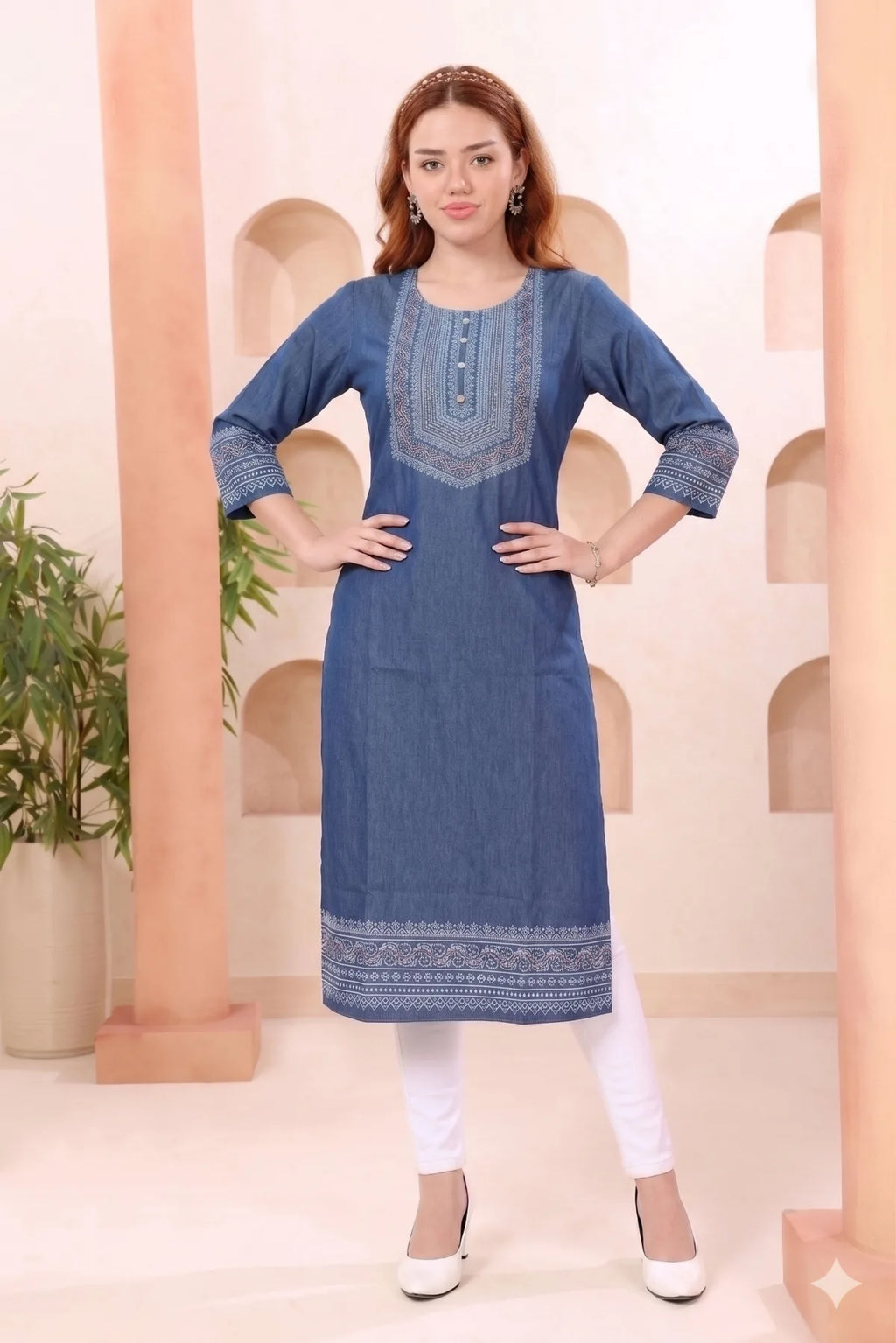Indigo Denim Kurti with Ethnic Print and Thread Work