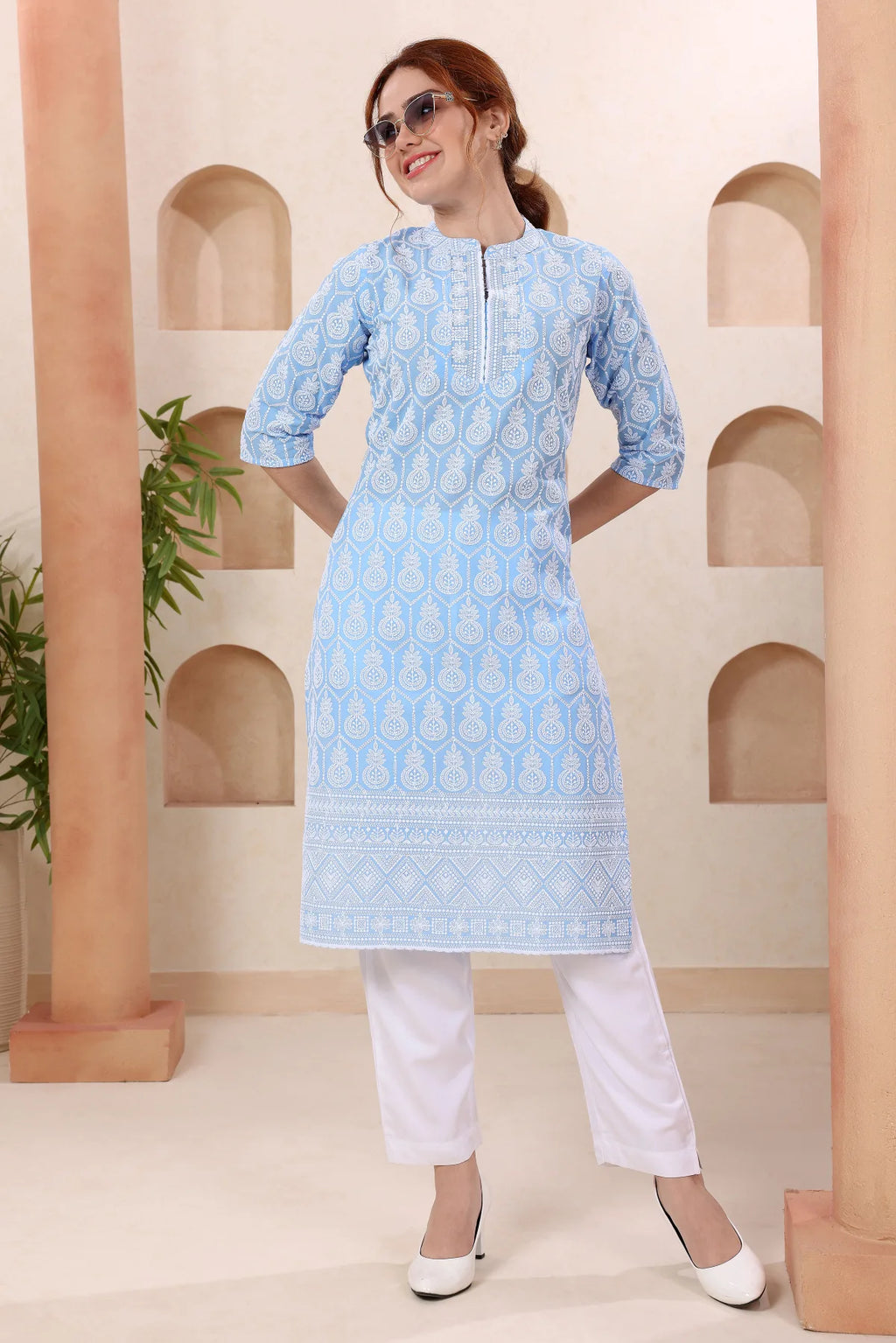 Joy In Turquoise Pure Cotton Chikankari Long Kurti