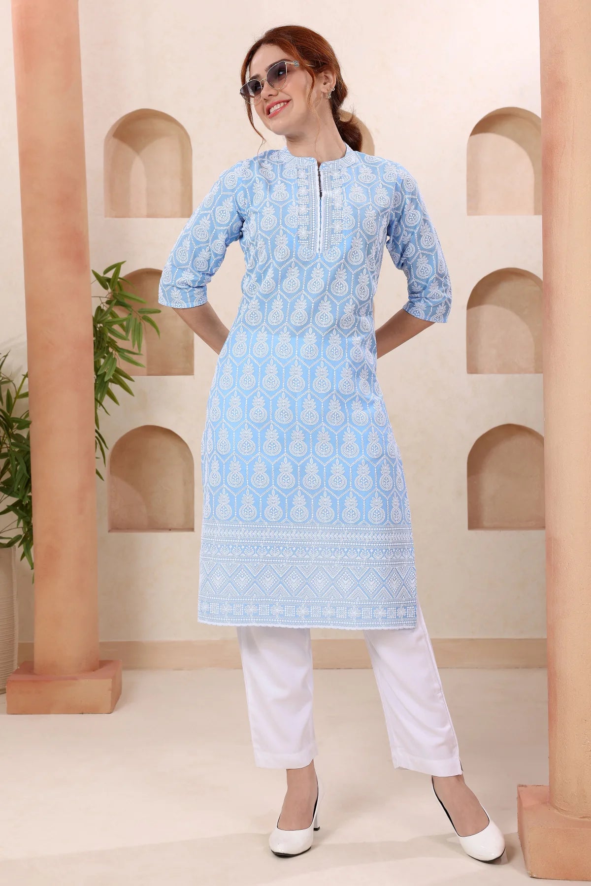 Joy In Turquoise Pure Cotton Chikankari Long Kurti